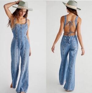 Small Free People Kendra Jumpsuit Med wash Denim Tie-Back Flared Leg